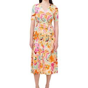 MSK Floral Wrap Midi Dress in Pink, Orange, Green